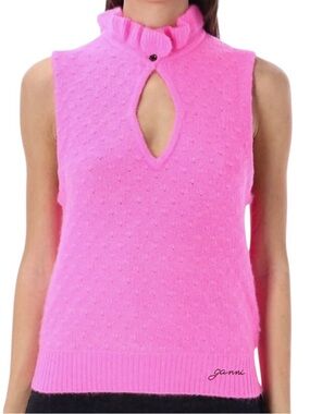 Ganni Alpaca & Merino Pointelle Knit Ruffle Trim Keyhole Neck Sweater Vest